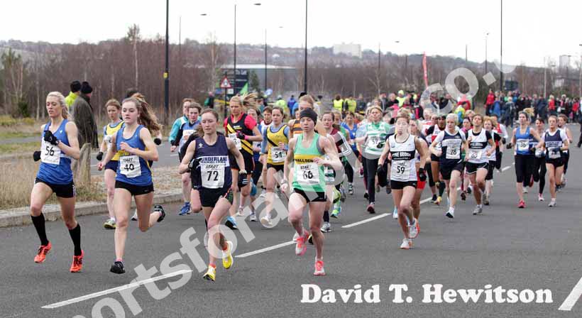 Start of the senior womens, 56 Ashley Gibson (Morpeth), 40 Lydia Turner (Birtley) and 72 Alyson Dixon (Sunderland Strollers) Elswick Road Relays.